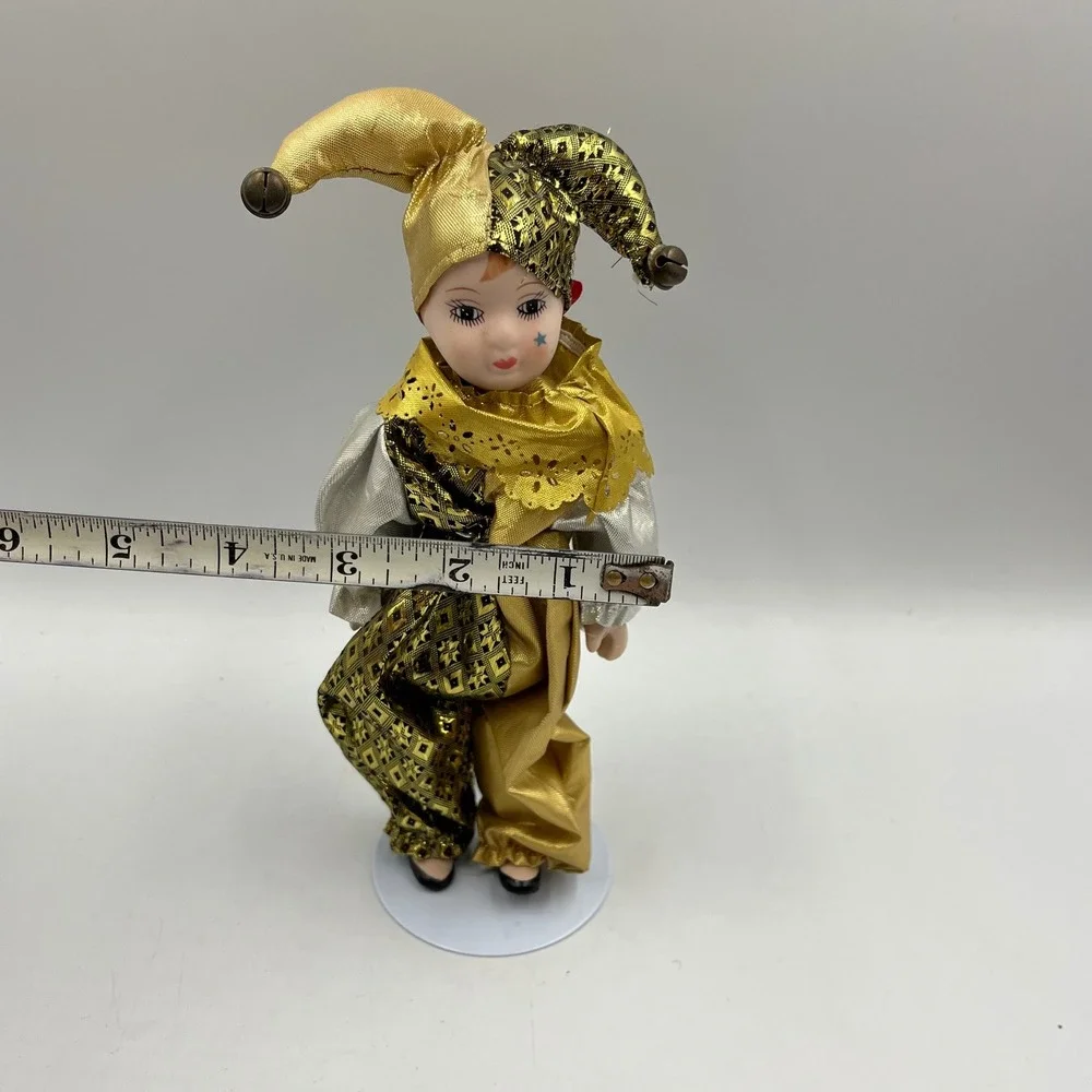 Vintage Porcelain Harlequin Jester Doll Gold Silver Metallic 8.5 Inch with Stand